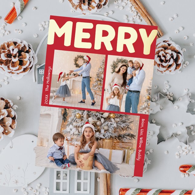 Bold Modern Red Vertical Three Photo Merry Gold Foil Holiday Card (Creator Uploaded)