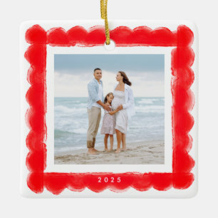 bold modern retro red frame photo square christmas ceramic ornament