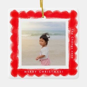 bold modern retro red frame photo square christmas ceramic ornament