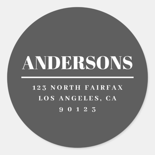 Bold Modern Return Address Grey & White Classic Round Sticker (Front)