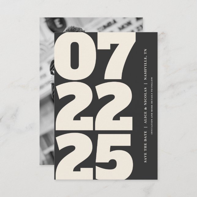 Bold Modern Save The Date With Photo Dark Invitation (Front/Back)
