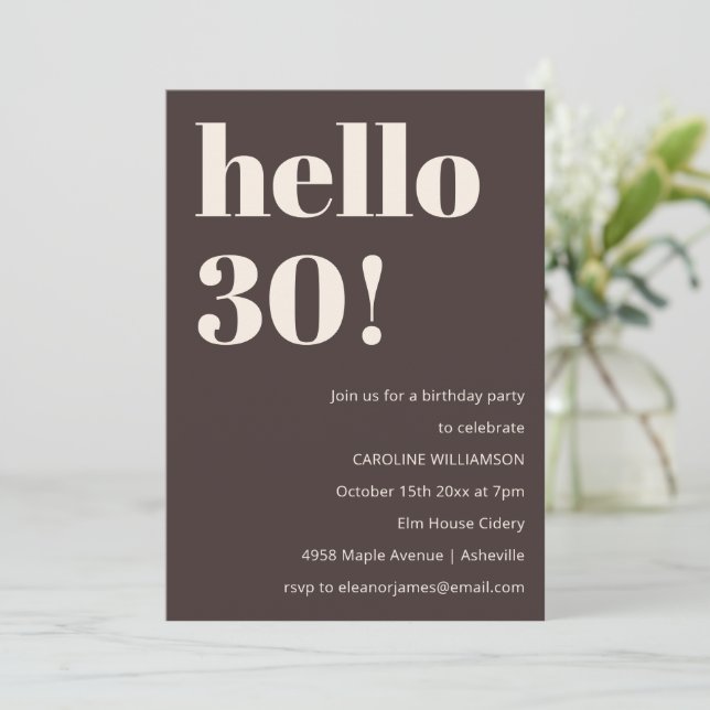 Bold Modern Simple Brown 30th Birthday Party Invitation (Standing Front)