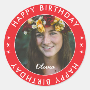 Bold Modern Simple Cute Red Happy Birthday Photo Classic Round Sticker
