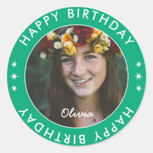 Bold Modern Simple Green Happy Birthday Photo Classic Round Sticker