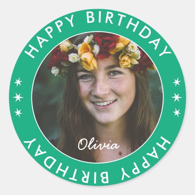 Bold Modern Simple Green Happy Birthday Photo Classic Round Sticker (Front)