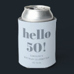 Bold Modern Simple Soft Blue 50th Birthday Party Can Cooler<br><div class="desc">This personalized can cooler features a soft icy blue background with a bold “hello 50” message and custom celebration details. Designed for milestone birthday parties, it works well for backyard gatherings, casual dinners, and weekend celebrations. The cool dusty blue color coordinates easily with modern party décor. A practical party detail...</div>