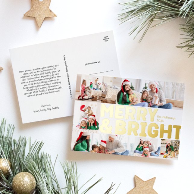 Bold Modern Six-Photo Merry and Bright Gold  Foil Holiday Postcard (Creator Uploaded)