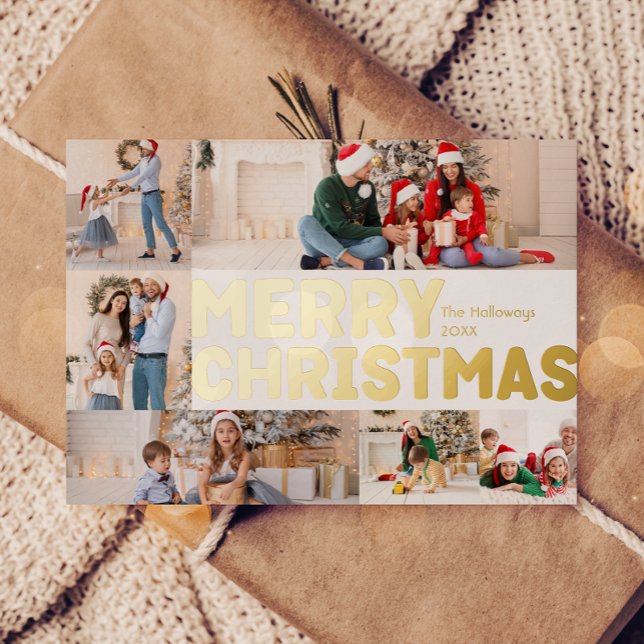 Bold Modern Six-Photo Merry Christmas Gold Foil Holiday Card (Creator Uploaded)