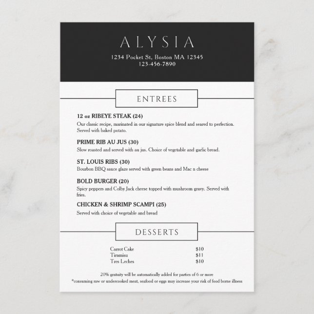Bold Modern Steakhouse Flat Menu (Front)