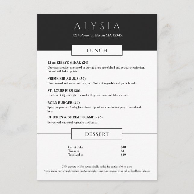 Bold Modern Steakhouse Lunch Flat Menu (Front)