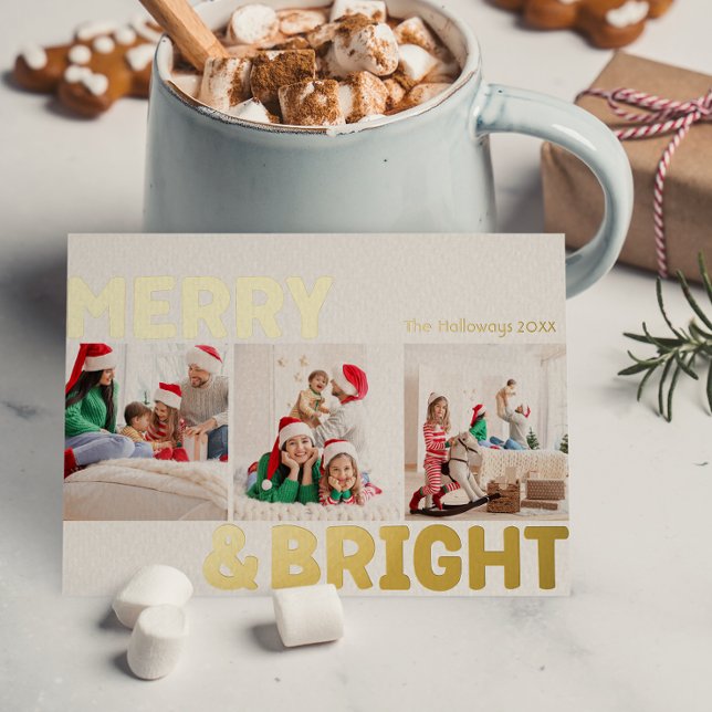 Bold Modern Three Photo Merry and Bright Gold Foil Holiday Postcard (Creator Uploaded)