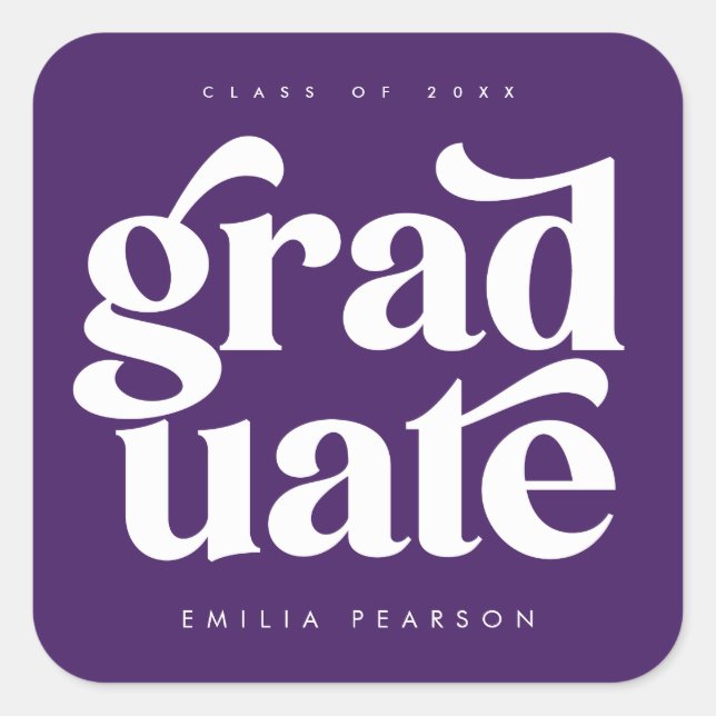 Bold Modern Type Purple Graduation Square Sticker (Front)