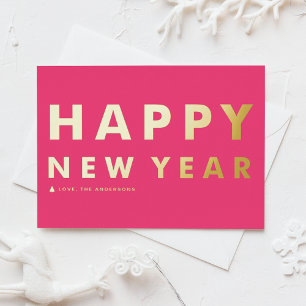 Bold Modern Typography Hot Pink Happy New Year Foil Holiday Card