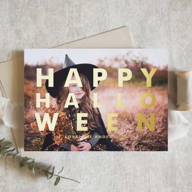 Bold Modern Typography Photo Happy Halloween Foil Holiday Card (Creator Uploaded)