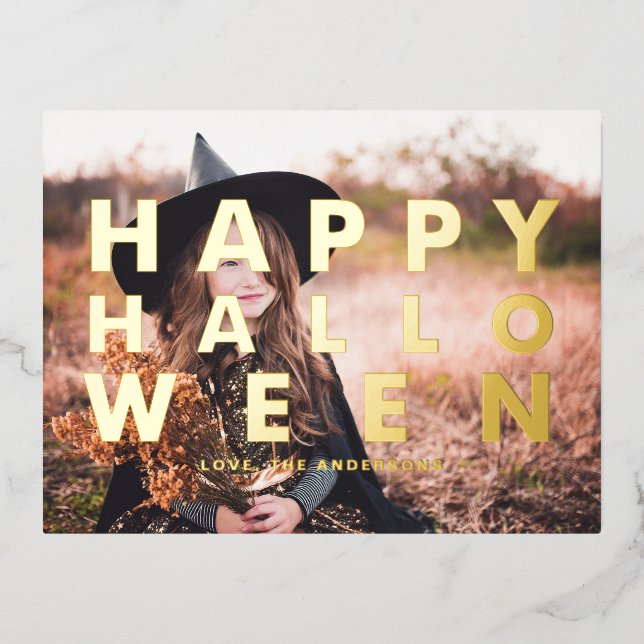 Bold Modern Typography Photo Happy Halloween Foil Holiday Postcard (Front)