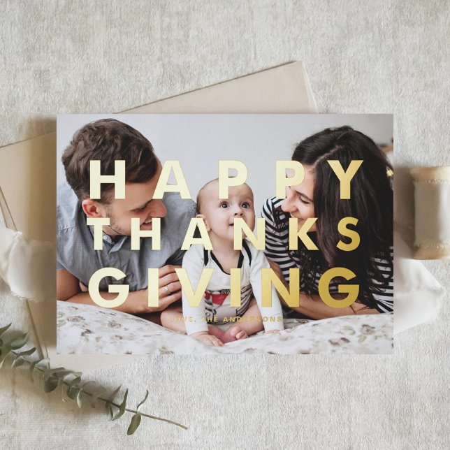 Bold Modern Typography Photo Happy Thanksgiving Foil Greeting Card (Creator Uploaded)