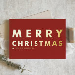 Bold Modern Typography Red Merry Christmas Foil Greeting Card<br><div class="desc">Send family and friends your Christmas greetings with this customisable black and gold Christmas card. It features a bold typography. Personalise by adding your details. This gold foil Christmas card is available in other foil colours and cardstock.</div>