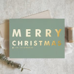 Bold Modern Typography Sage Green Merry Christmas Foil Holiday Card<br><div class="desc">Send family and friends your Christmas greetings with this customisable black and gold Christmas card. It features a bold typography and a sage green background. Personalise by adding your details. This gold foil Christmas card is available in other foil colours and cardstock.</div>