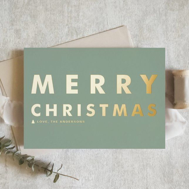Bold Modern Typography Sage Green Merry Christmas Foil Holiday Card (Creator Uploaded)