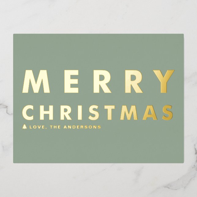 Bold Modern Typography Sage Green Merry Christmas Foil Holiday Postcard (Front)