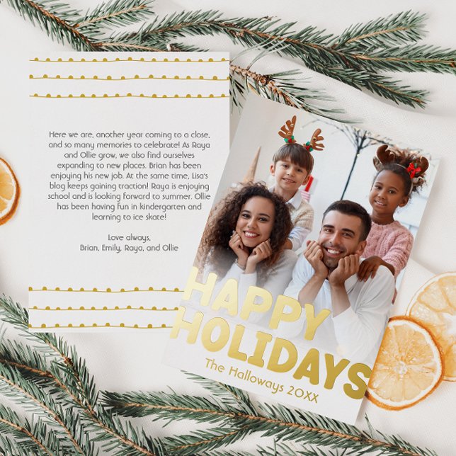 Bold Modern Vertical Full Photo Happy Gold Foil Holiday Card (Creator Uploaded)