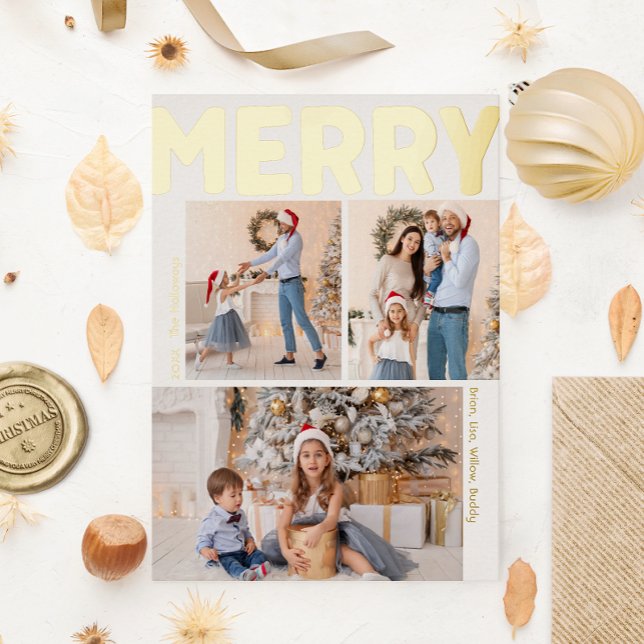 Bold Modern Vertical Three Photo Merry Gold Foil Holiday Postcard (Creator Uploaded)