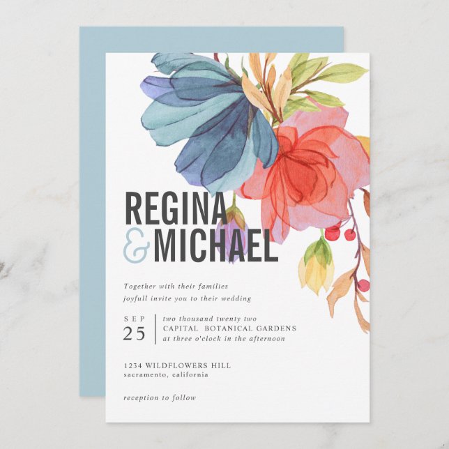 Bold Modern Watercolor Aqua Wildflowers wedding Invitation (Front/Back)