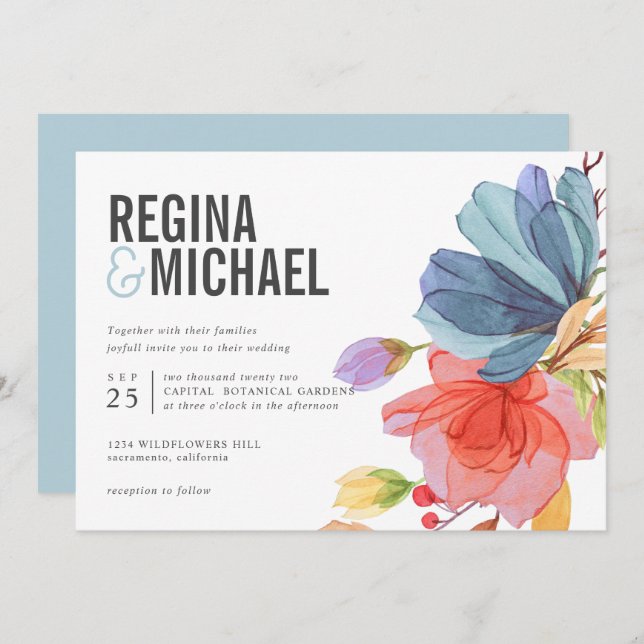 Bold Modern Watercolor Wildflowers aqua wedding Invitation (Front/Back)