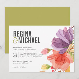 Bold Modern Watercolor Wildflowers green wedding Invitation