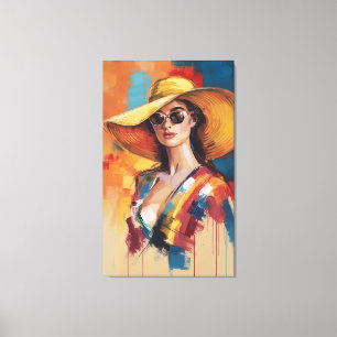 Bold Modern Woman in Golden Hat Abstract Portrait Canvas Print