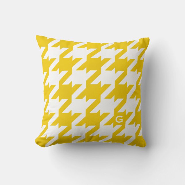 Bold modern yellow houndstooth with monogram cushion (Front)