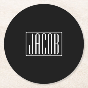 Bold & Modern Your Name or Word   White On Black Round Paper Coaster