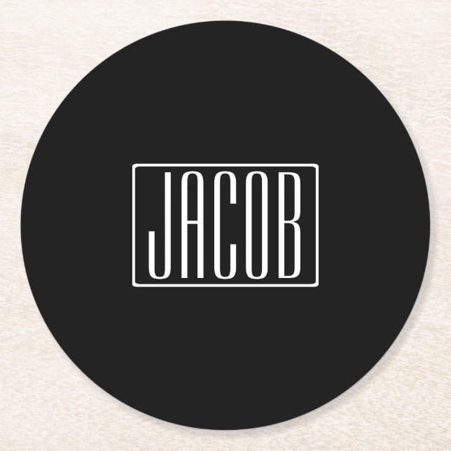 Bold & Modern Your Name or Word | White On Black Round Paper Coaster (Front)