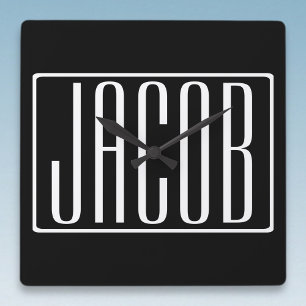 Bold & Modern Your Name or Word   White On Black Square Wall Clock