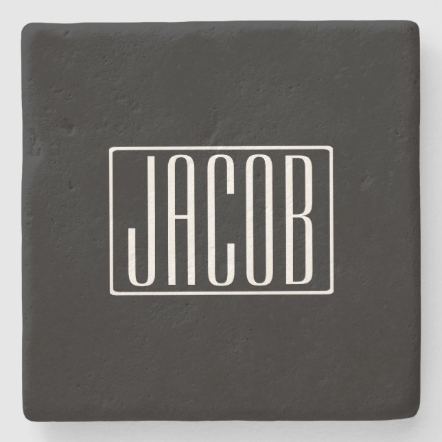 Bold & Modern Your Name or Word | White On Black Stone Coaster (Front)