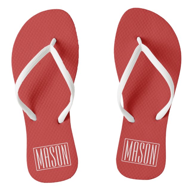 Bold & Modern Your Name or Word | White On Red Flip Flops (Footbed)