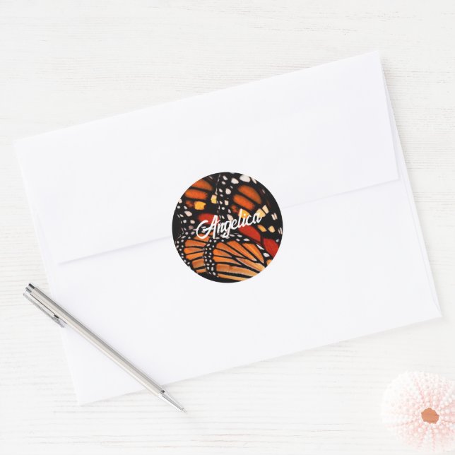 bold monarch butterfly wing pattern personalize classic round sticker (Envelope)