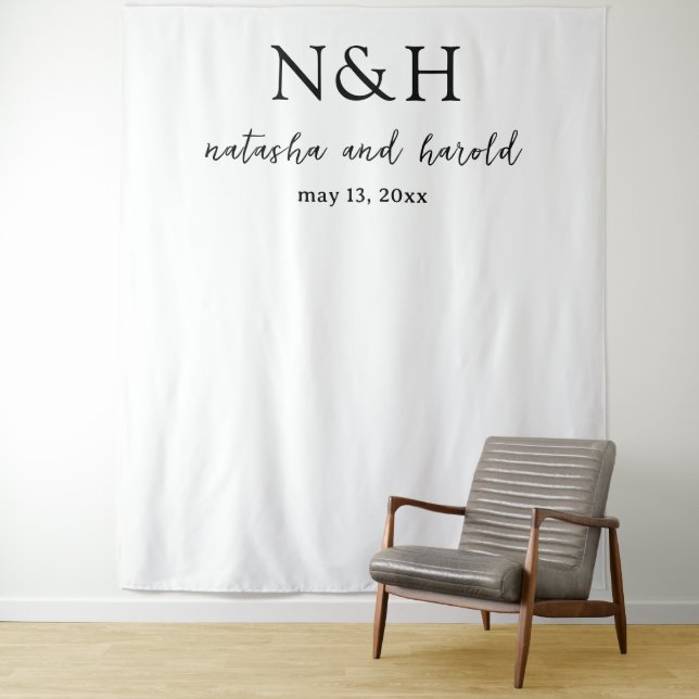 Bold Monogram Black and White Wedding Backdrop Tapestry (In Situ)