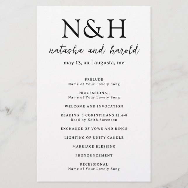 Bold Monogram Black and White Wedding Program (Front)
