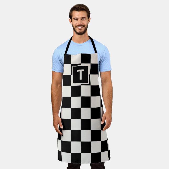 Bold Monogram Black Cream Chequered Pattern Apron (Worn)