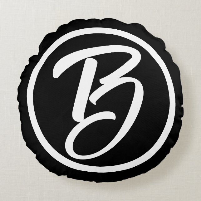 Bold Monogram Black White Calligraphy Circle Round Cushion (Front)