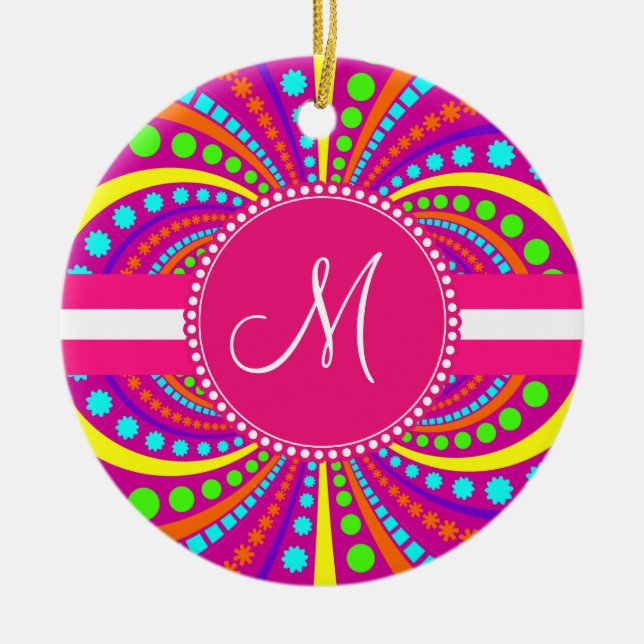 Bold Monogram Funky Pattern Hot Pink Design Ceramic Tree Decoration (Front)