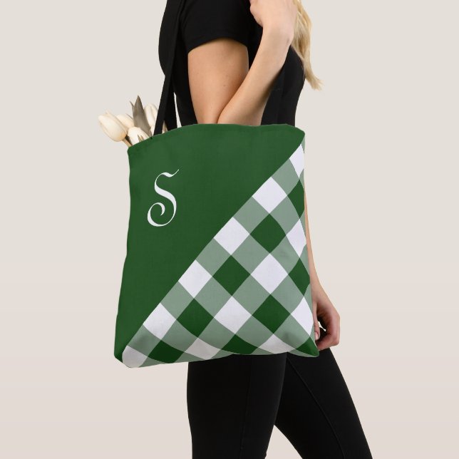 Bold Monogram Green White Buffalo Check Geometric Tote Bag (Close Up)