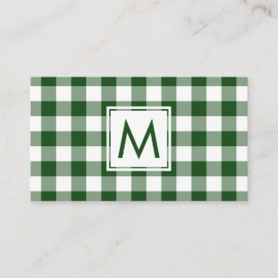 Bold Monogram Green White Buffalo Plaid Pattern Business Card