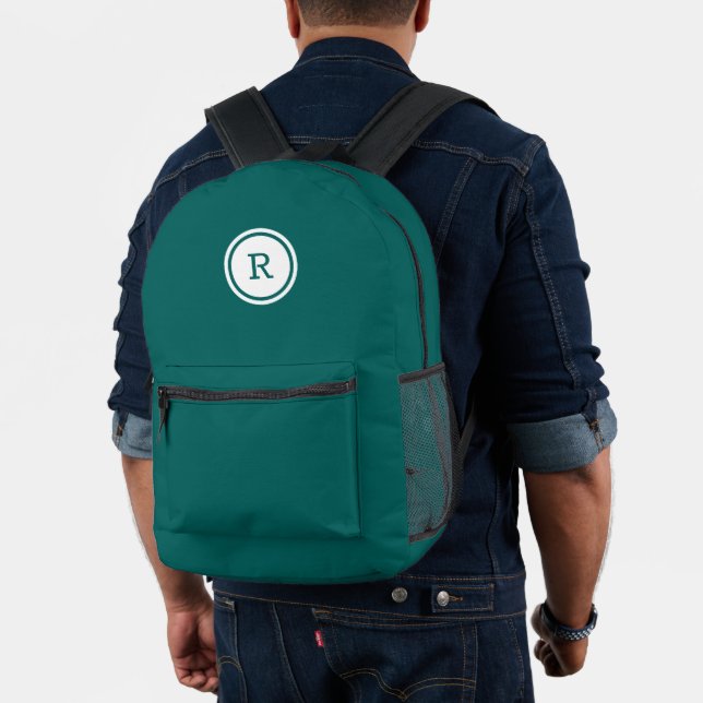 Bold Monogram in White Circle on Teal Printed Backpack (Insitu (Model))