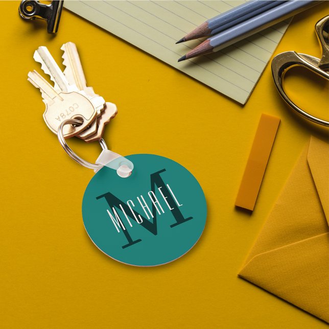 Bold Monogram Initial & First Name Blue Teal Key Ring (Creator Uploaded)