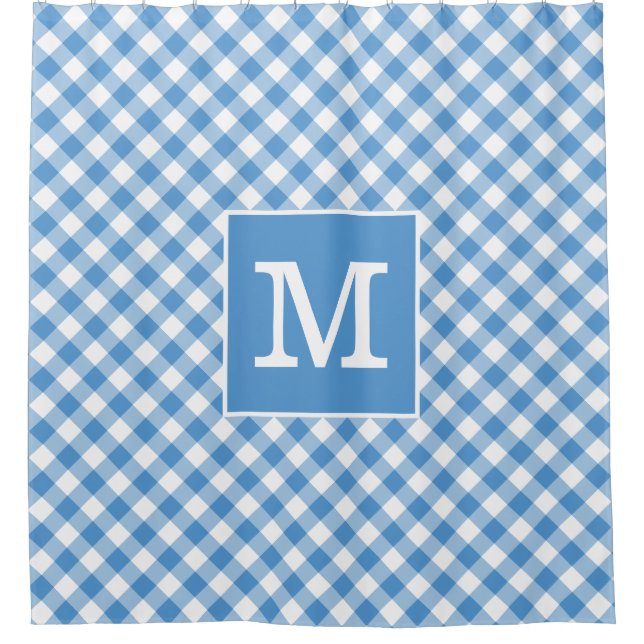 Bold Monogram Light Blue and White Gingham Pattern Shower Curtain (Front)
