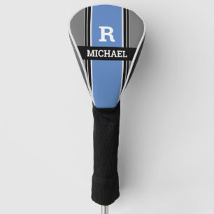 Bold Monogram & Name, Blue Grey & Black Stripes Golf Head Cover