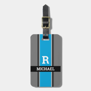 Bold Monogram & Name, Blue Grey Black Stripes Info Luggage Tag