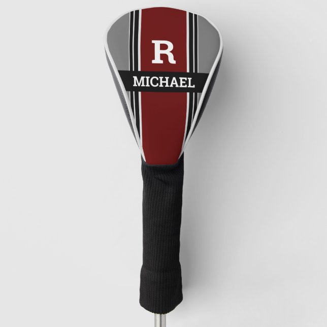 Bold Monogram & Name, Dark Red Grey Black Stripes Golf Head Cover (Front)
